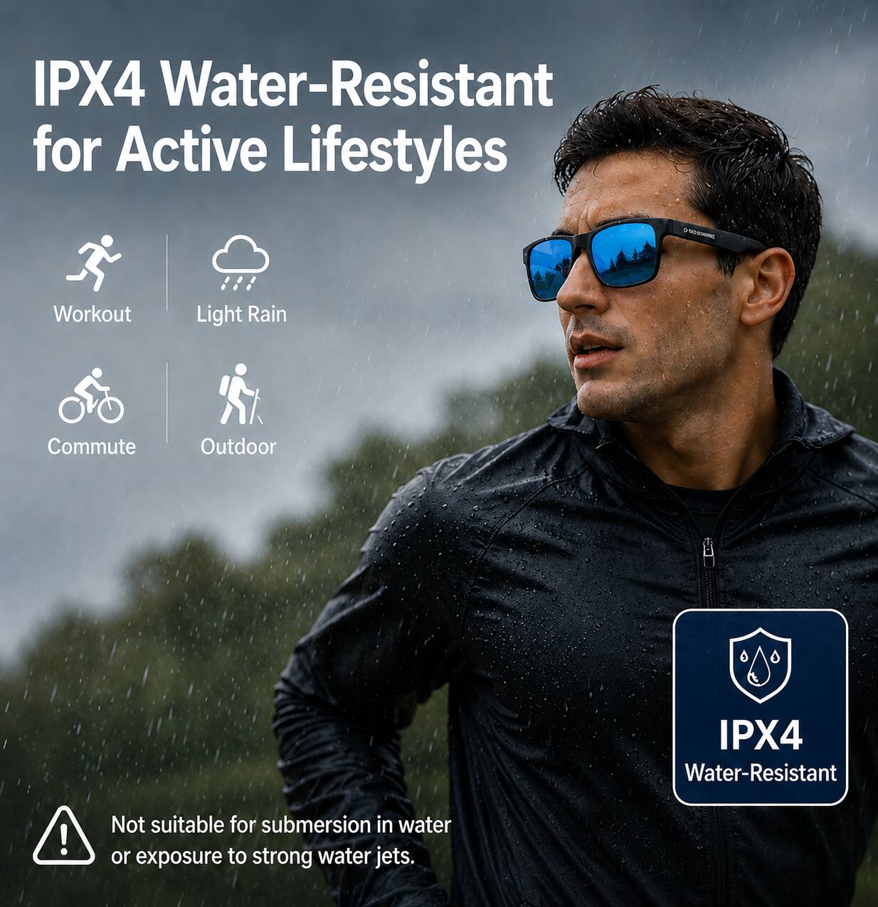 IPX4 Water-Resistant for Active Lifestyles

- Workout
- Light Rain
- Commute
- Outdoor

IPX4 Water-Resistant

Not suitable for submersion in water or exposure to strong water jets.