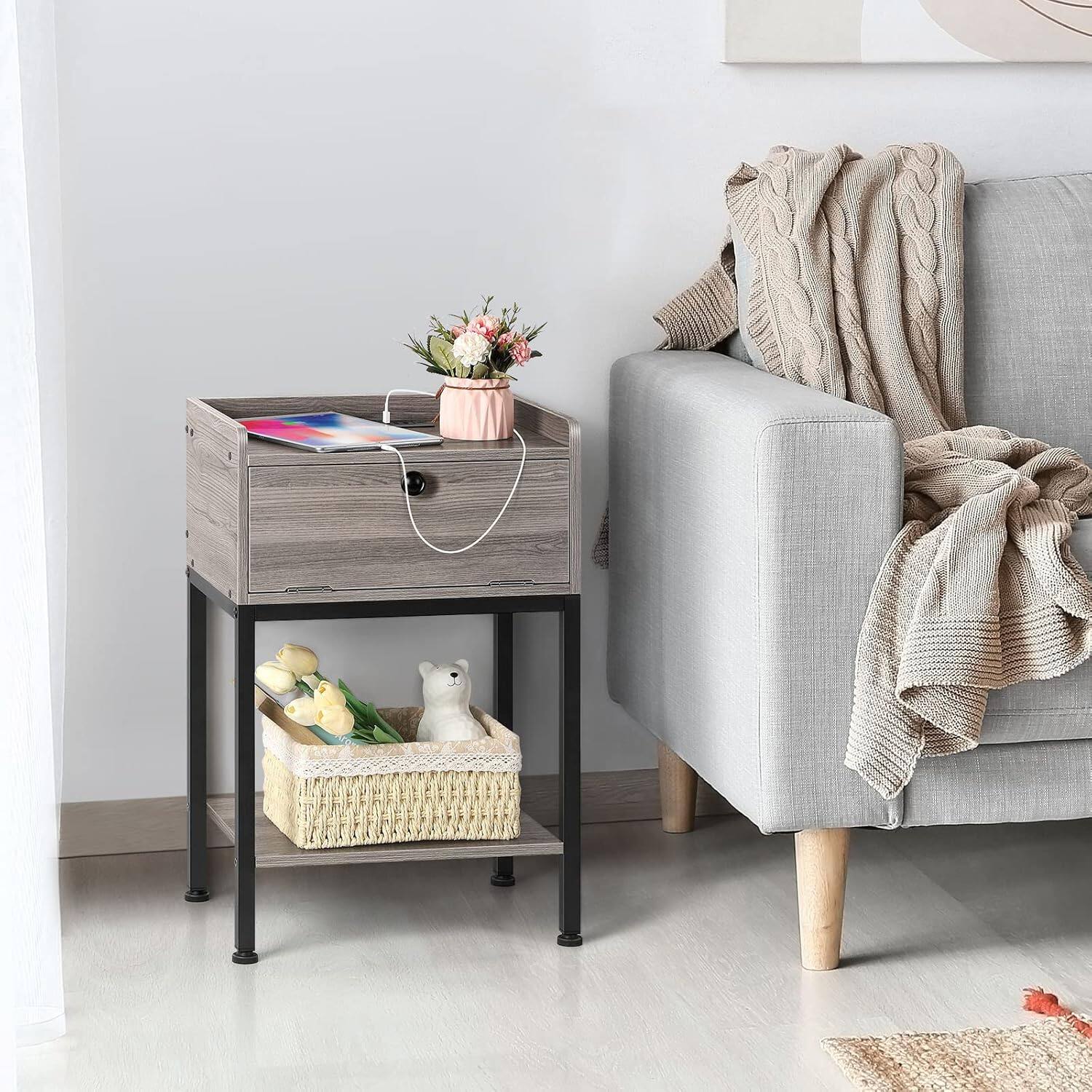 Alt View 1. Oumilen - Grey Nightstand with Charging Station, Industrial End Table with Flip-Top Drawer & Open Shelf - Grey.