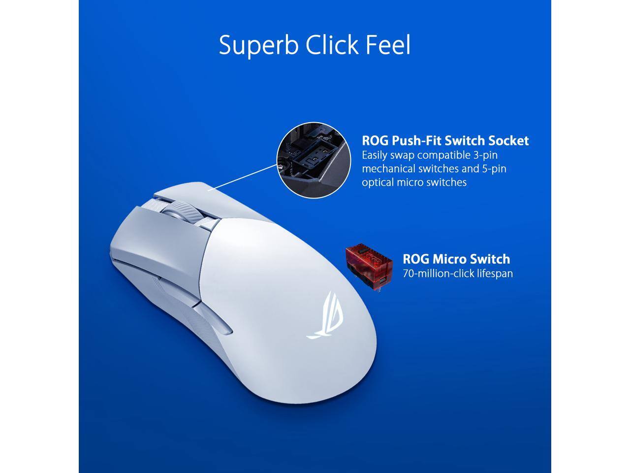 Superb Click Feel

ROG Push-Fit Switch Socket
Easily swap compatible 3-pin mechanical switches and 5-pin optical micro switches

ROG Micro Switch
70-million-click lifespan
