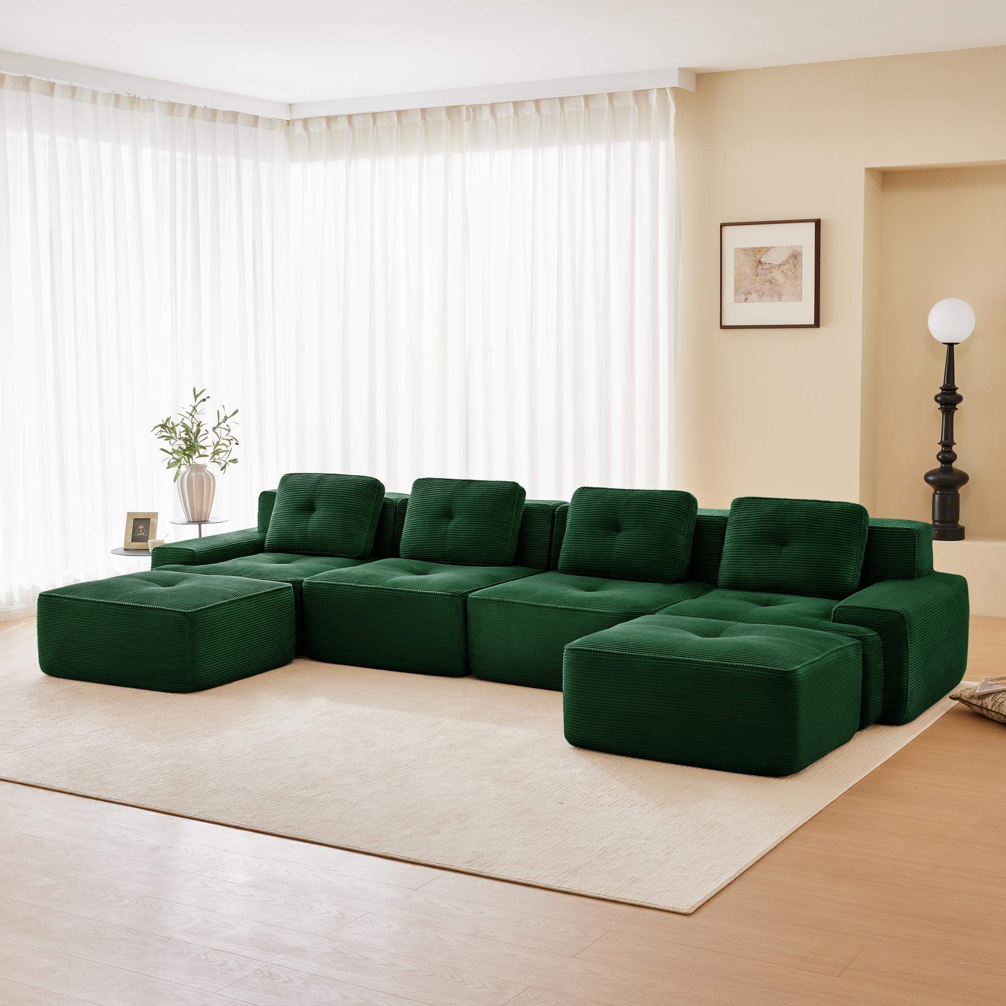 Left. Roomtec - 153 inch Modern UShaped Modular Sectional Sofa for Living Room Corduroy Fabric4Seater Couch with Deep Seat and 2Movable - Green.