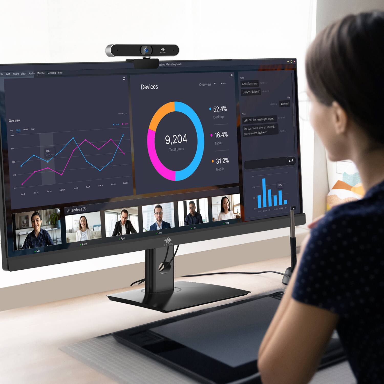 - Marketing Team
- Devices Overview
- 9,204 Total Users
  - 52.4% Desktop
  - 16.4% Tablet
  - 31.2% Mobile
- Attendees (6)
  - Me
  - Kate
  - Paul
  - Tom
  - Tim
  - Sara
- Overview
  - 4,700
  - 5,200
  - 6,000
  - 6,500
  - 7,000
  - 7,500
  - 8,000
  - 8,500
  - 9,000
  - 9,500
  - 10,000
- Kate
  - Good Morning!
  - Everyone is here!
  - Let's start the meeting now.
  - Do you have a view of this performance overview?
- Present