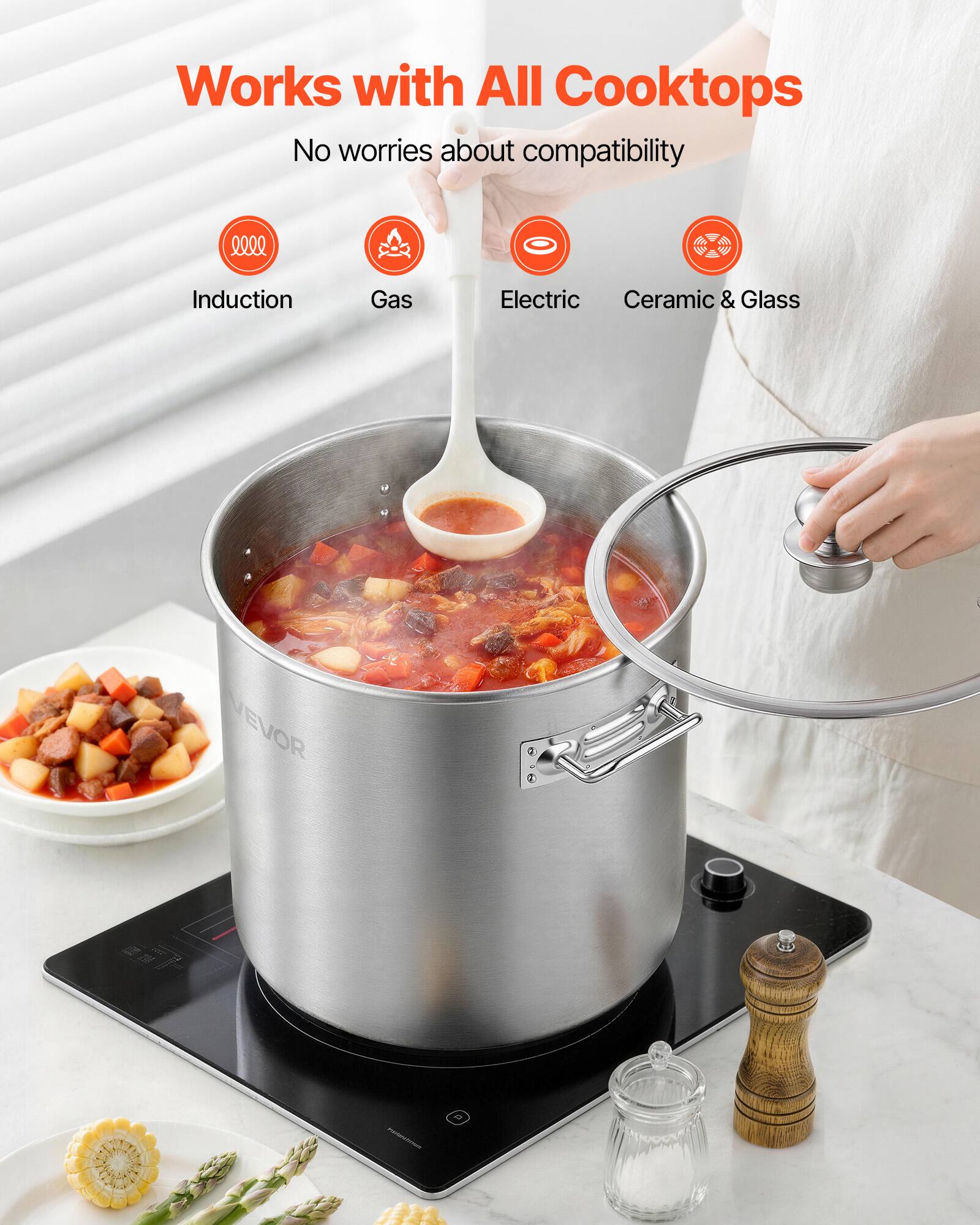 Works with All Cooktops  
No worries about compatibility  

- Induction  
- Gas  
- Electric  
- Ceramic & Glass