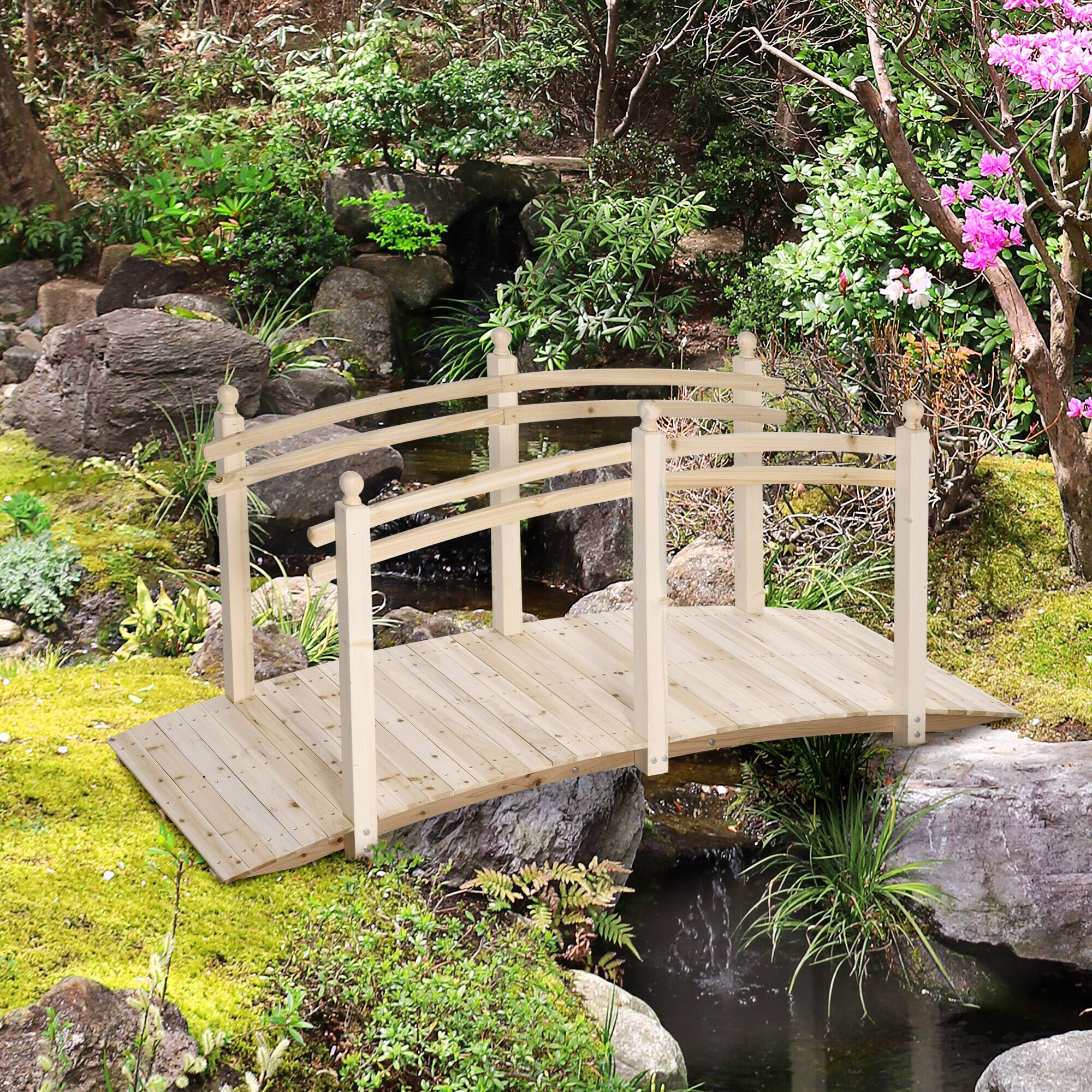 Alt View 1. Outsunny - Wooden Arch Garden Bridge, Safety Rails for Backyard Ponds, Creeks, Streams - Natural Wood.