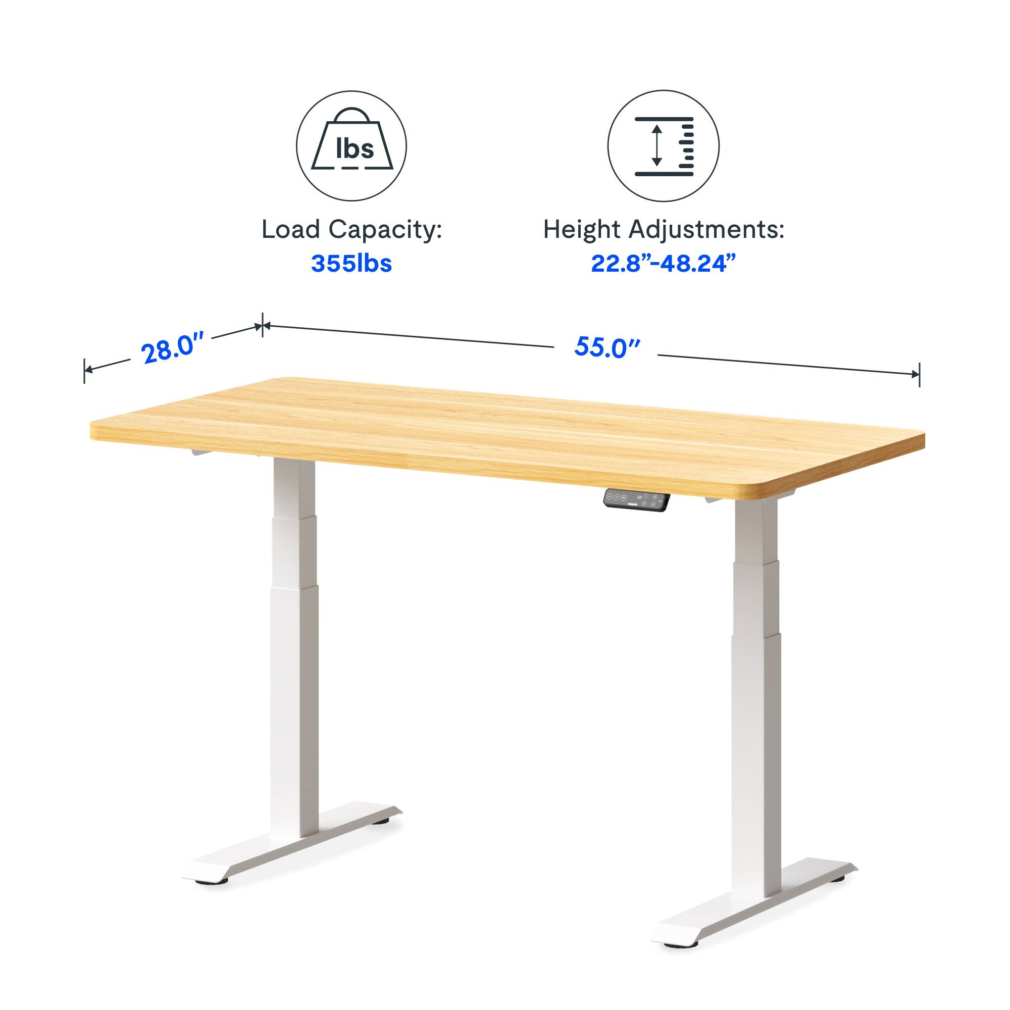Load Capacity: 355lbs  
Height Adjustments: 22.8"-48.24"  
Width: 55.0"  
Depth: 28.0"