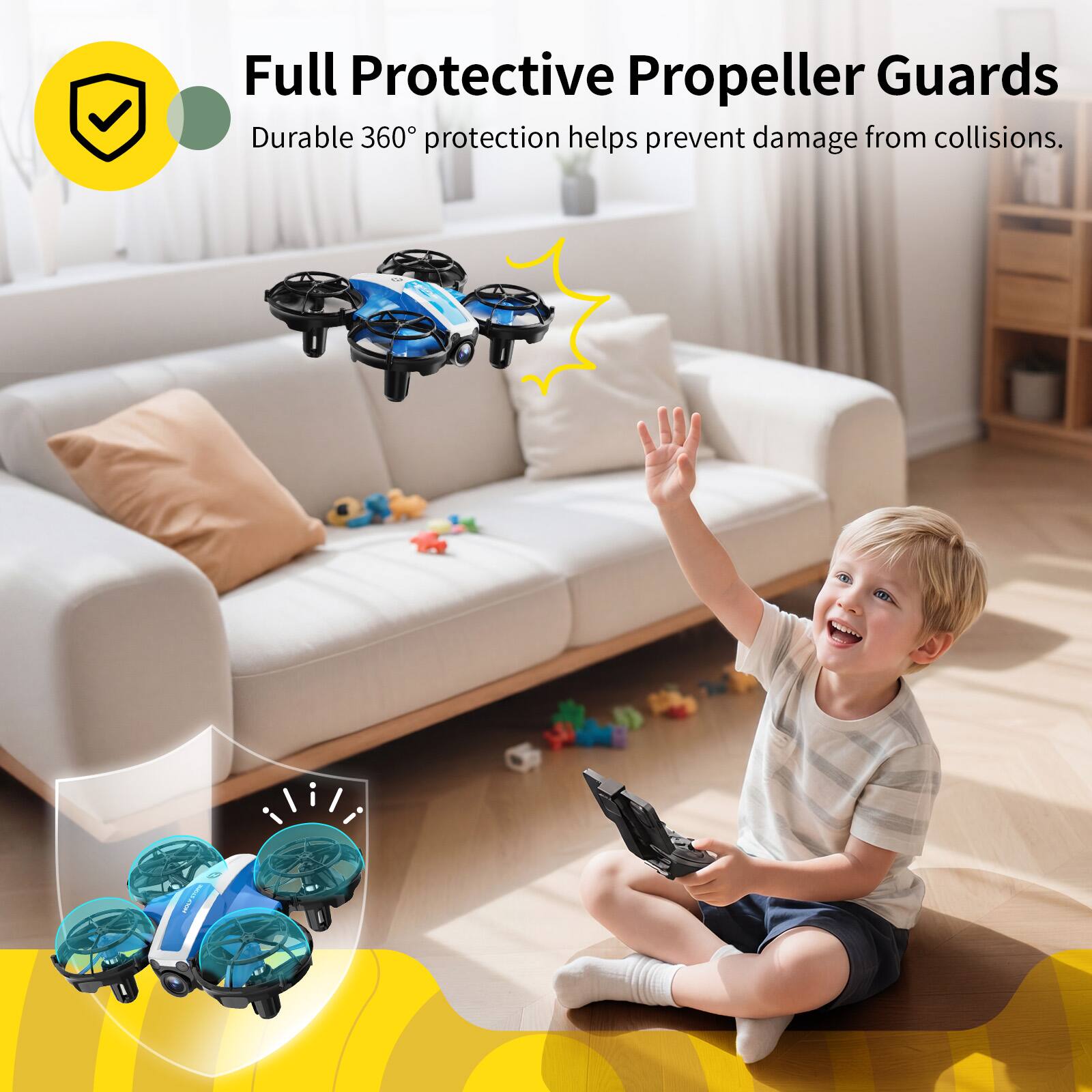 Full Protective Propeller Guards  
Durable 360° protection helps prevent damage from collisions.