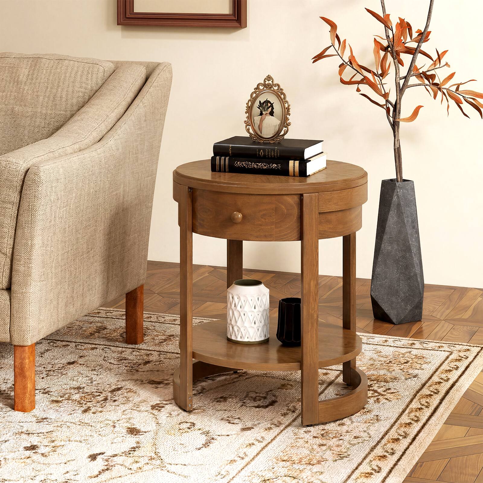 Alt View 1. Gymax - Gymax Round End Table 2-tier Mid Century Modern Nightstand w/ Drawer & Shelf - Brown.