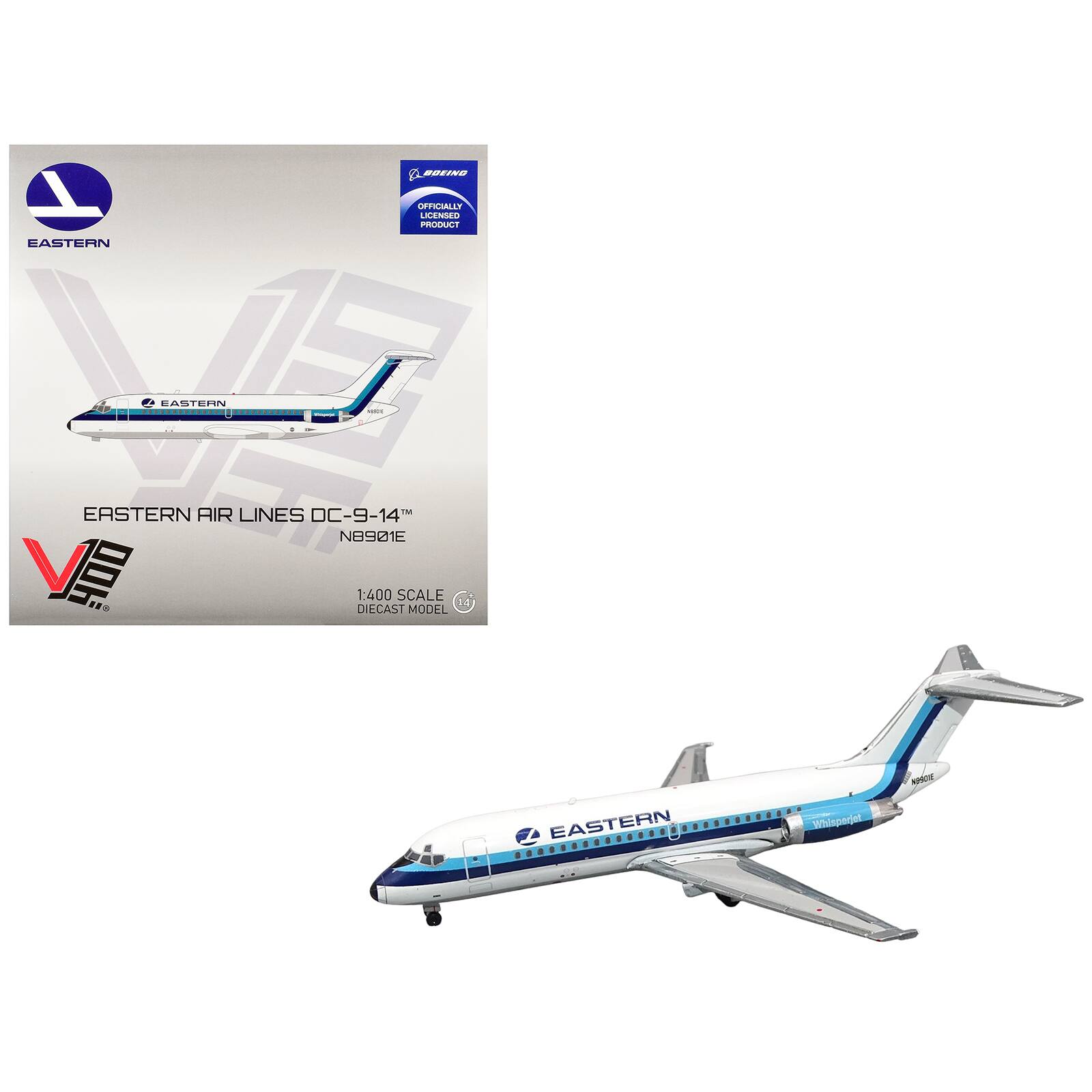 BOEING  
OFFICIALLY LICENSED PRODUCT  
EASTERN  
EASTERN  
resot  
0  
EASTERN AIR LINES DC-9-14 N8901E 1:400 SCALE DIECAST MODEL  
EASTERN  
Whisperjet