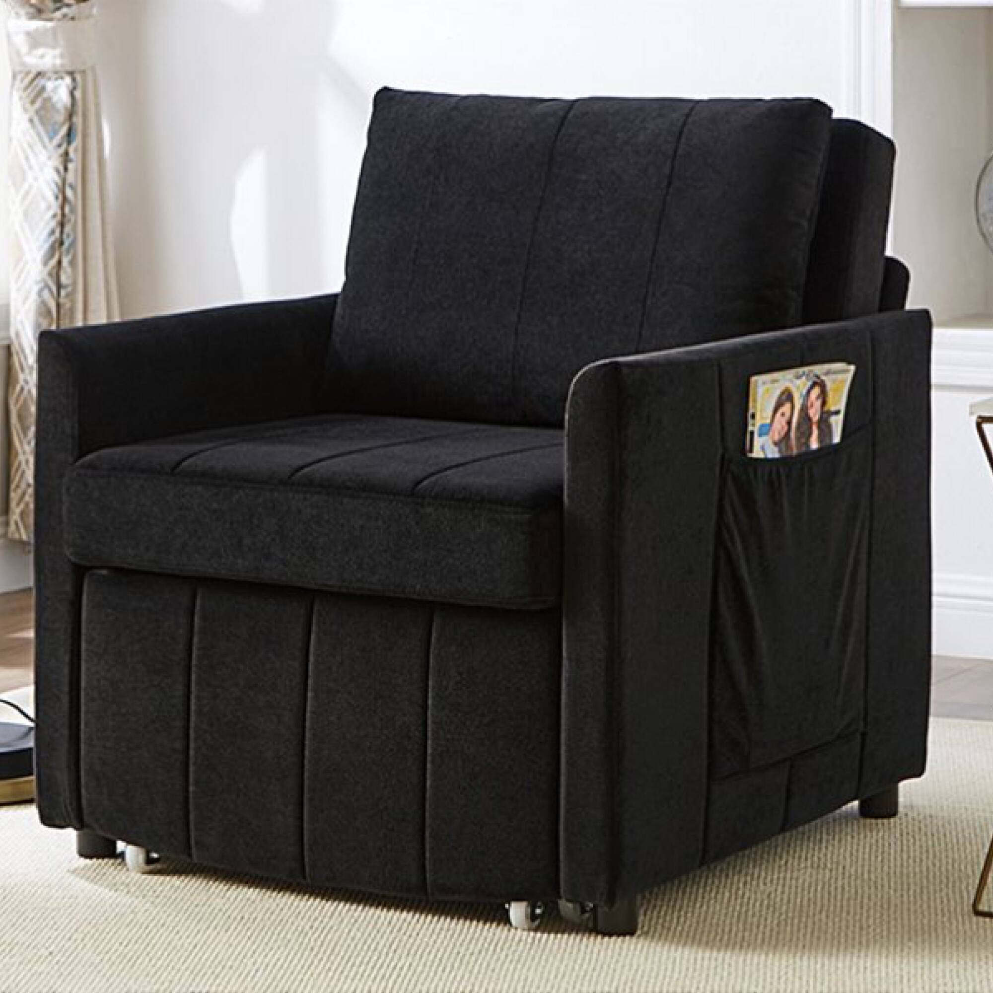 Alt View 1. GOODSILO - Convertible Sleeper Sofa with Adjustable Backrest and Storage, Upholstered in Soft Chenille Fabric - Black.