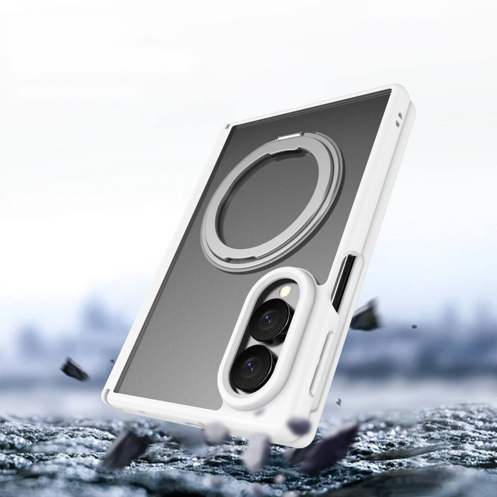 Angle. Dteck - Shockproof Case for Samsung Galaxy Z Fold8 with Ring Stand, Magnetic PC Cover Built in Screen Film and Hinge Protection - White.