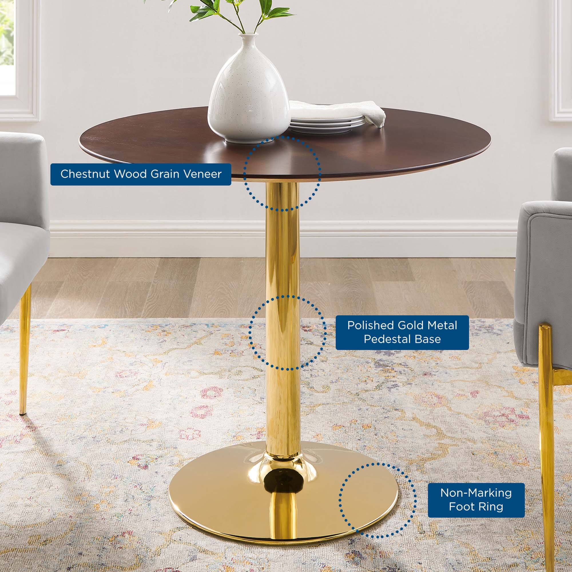 Chestnut Wood Grain Veneer  
Polished Gold Metal Pedestal Base  
Non-Marking Foot Ring