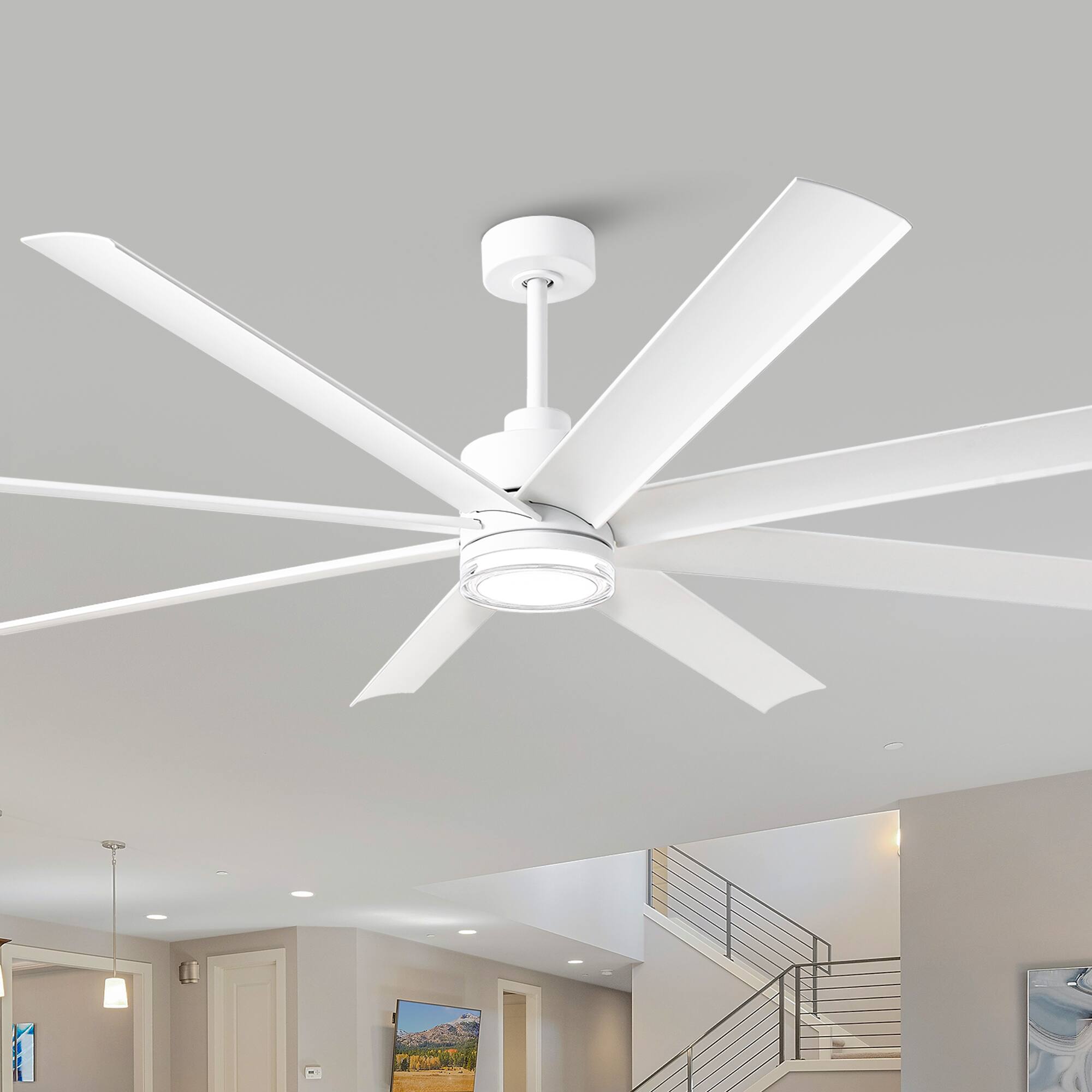 Left. Parrot Uncle - 72" Modern White Large Smart Ceiling Fan with Light and Remote, App Control, Voice Control - White.