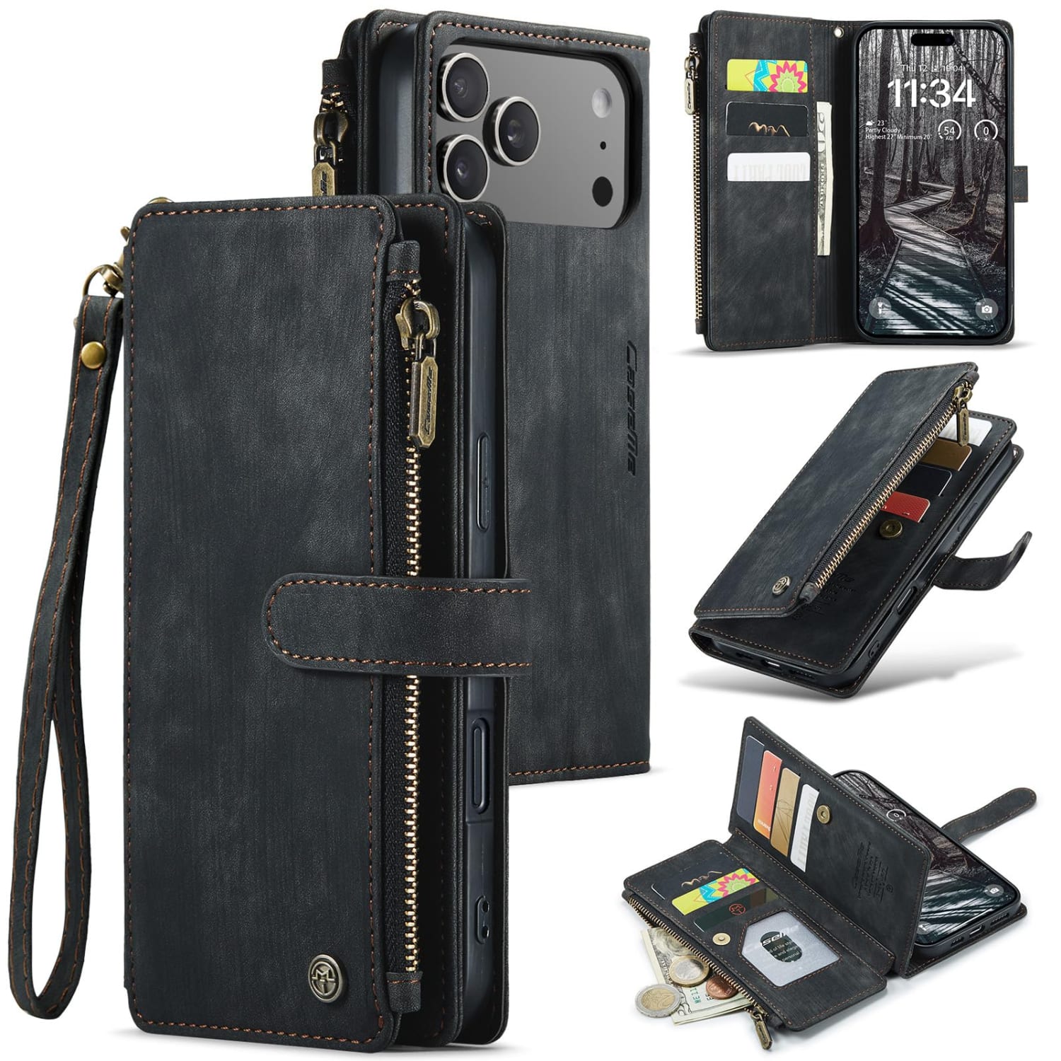 UUCOVER - Magnetic Flip Wallet Case for Apple iPhone 18 Pro Max with Zipper Pocket, Card Cash Holder and Wrist Strap, Stand Cover - Black