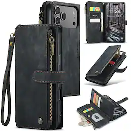 UUCOVER - Magnetic Flip Wallet Case for Apple iPhone 18 Pro Max with Zipper Pocket, Card Cash Holder and Wrist Strap, Stand Cover - Black