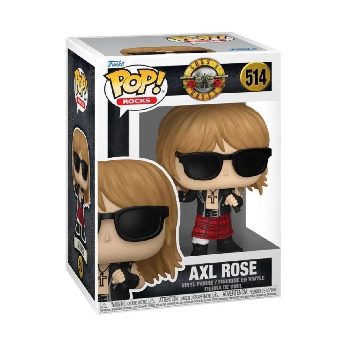 Funko POP! 514 TRISSEN ROCKS  
AXL ROSE VINYLE FIGURINE EN VINYL FIGURE VINIL FIGURA DE PELIGRO DE ASFIXIA D'ETOUFFEMENT, 4 ADVERTENCIA: to 5 adecuado para niños de 36 ATTENTION: DANGER noins de If on Pates pequetas. CHOKING HAZARD, BAT entants WARNING: pieces. le convient per 36 nonts, Potas to children order Small parts Not
