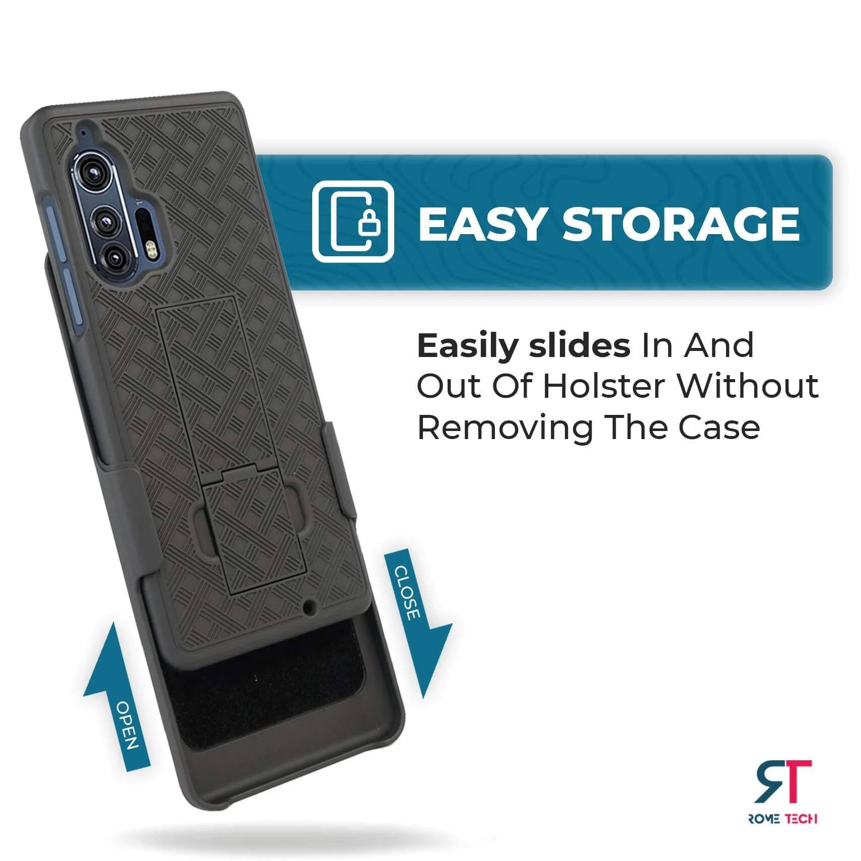 EASY STORAGE  
Easily slides In And Out Of Holster Without Removing The Case  

CLOSE  
OPEN  

ROME TECH