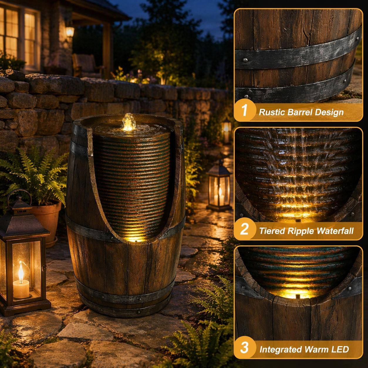 1. Rustic Barrel Design
2. Tiered Ripple Waterfall
3. Integrated Warm LED