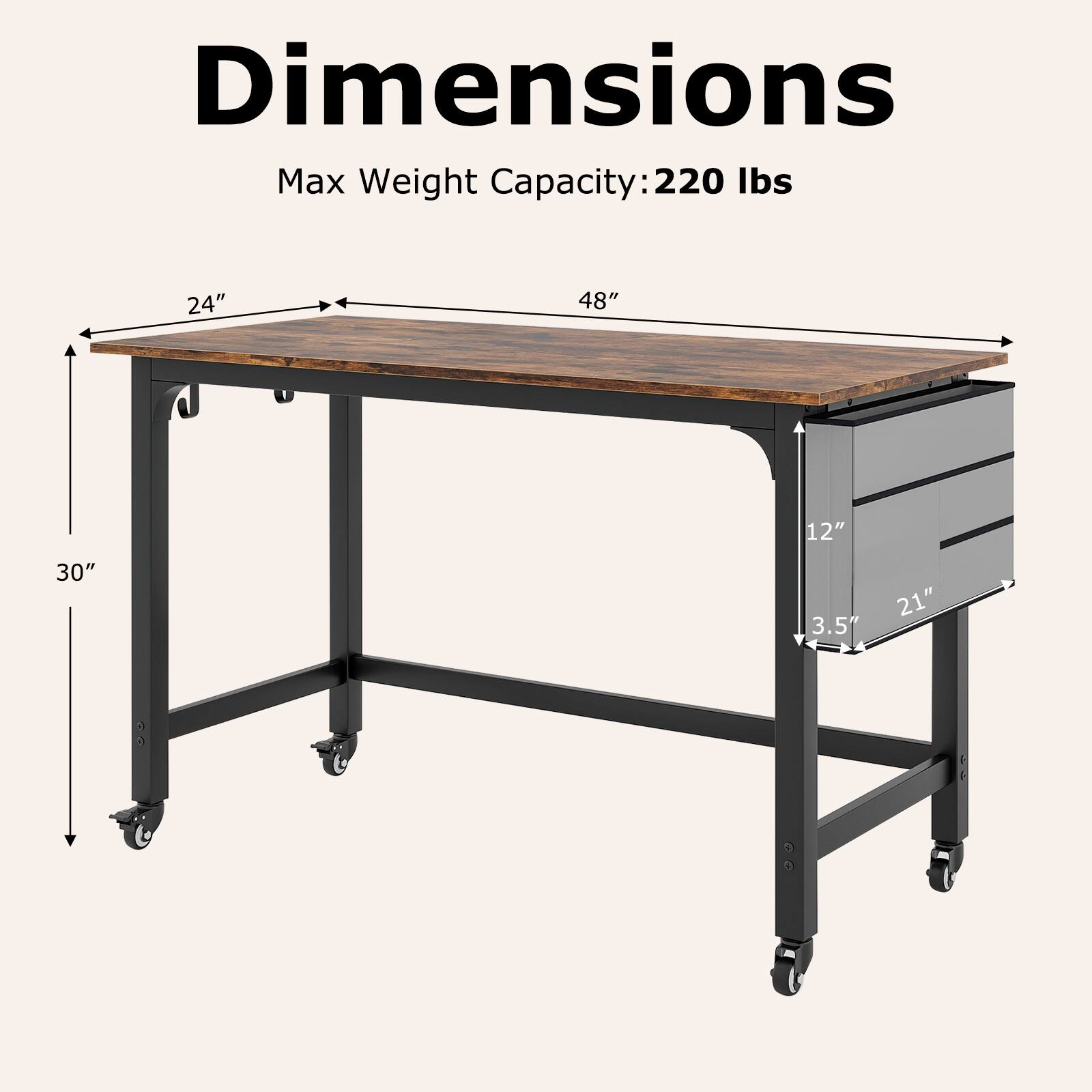 Dimensions: 24" x 48" x 30" x 12" x 3.5" x 21"

Max Weight Capacity: 220 lbs