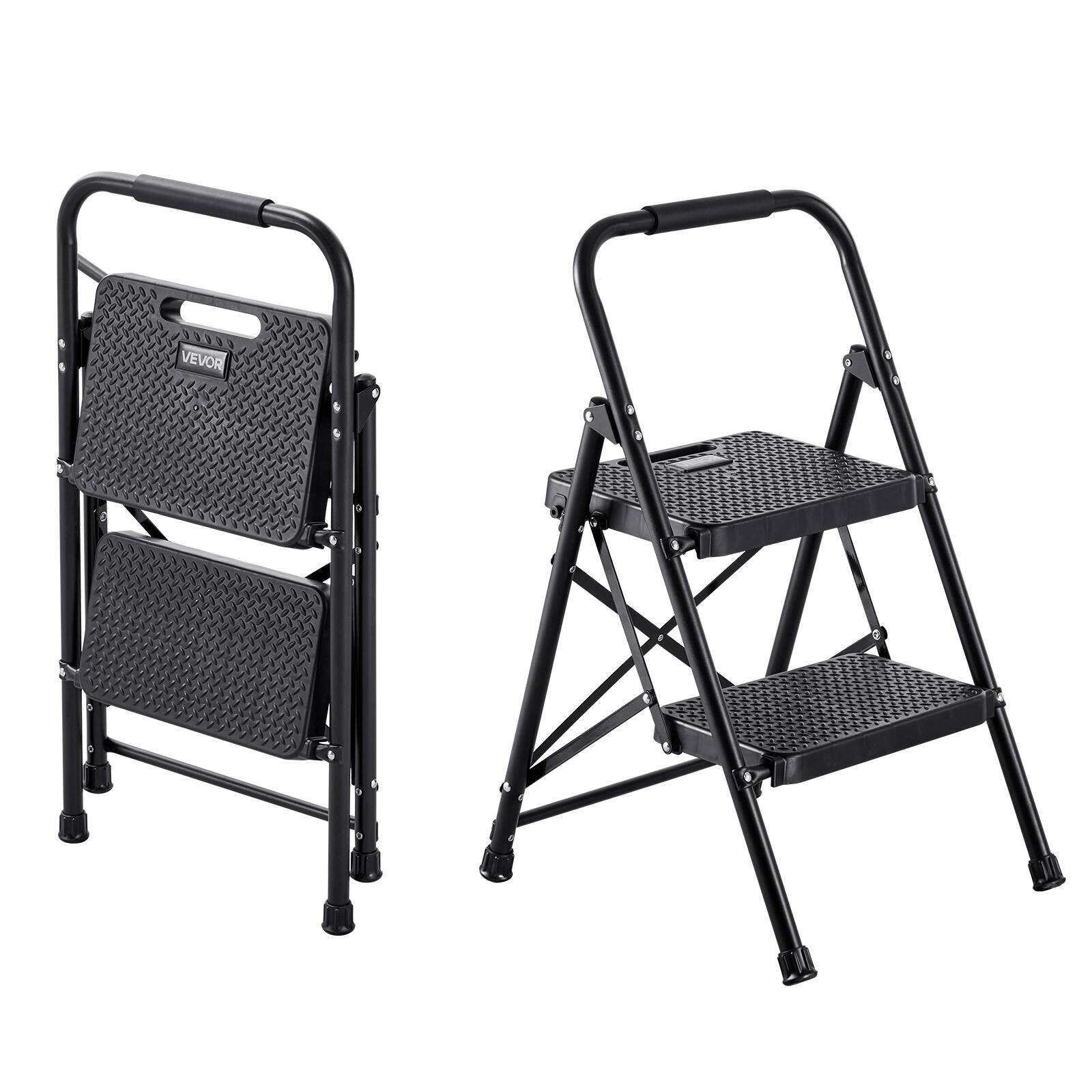 VEVOR - 2 Step Ladder, Folding Step Stool with Wide Anti-Slip Pedal and Comfort Handgrip, Lightweight 600 lbs Capacity - Black