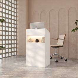 Famapy - Small Reception Desk with LED Light, Podium Stand for Salon, Modern Checkout Counter for Small Business - White