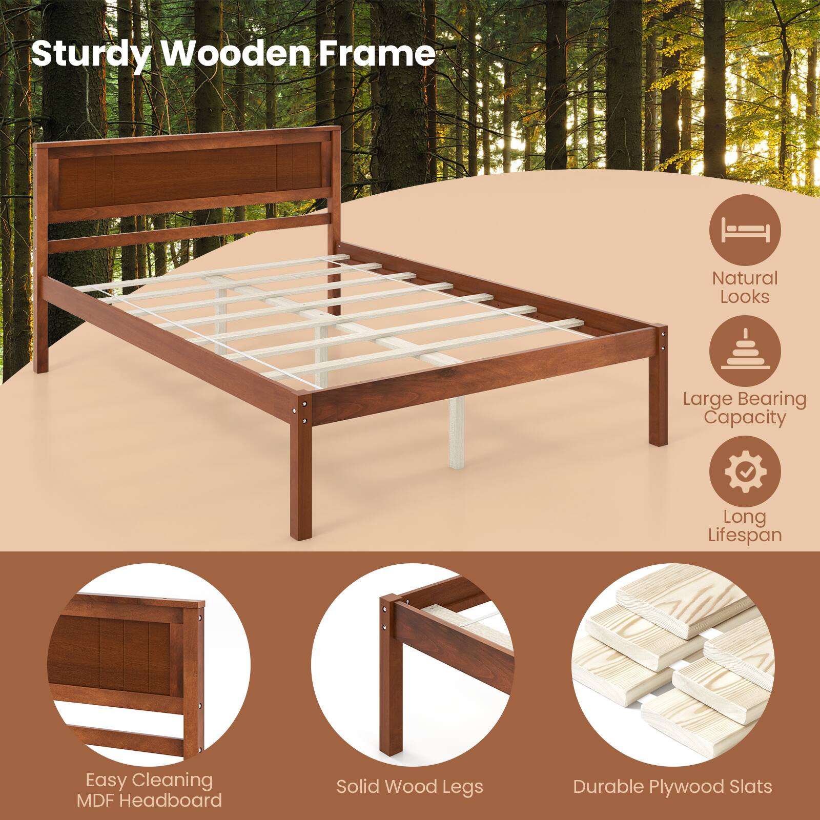 Sturdy Wooden Frame, Natural Looks, Large Bearing Capacity, Long Lifespan, Easy Cleaning, MDF Headboard, Solid Wood Legs, Durable Plywood Slats