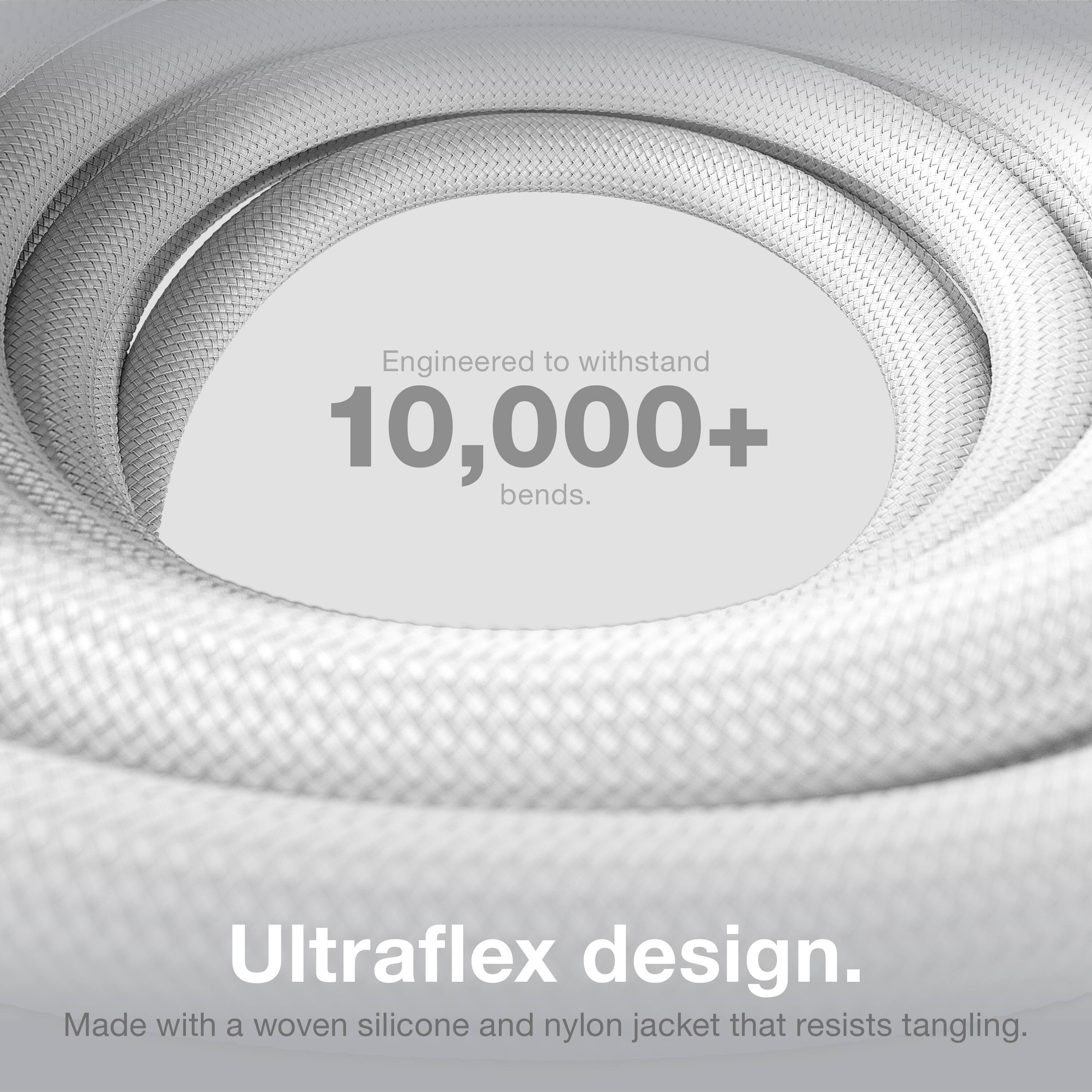 Engineered to withstand 10,000+ bends.

Ultraflex design.
Made with a woven silicone and nylon jacket that resists tangling.