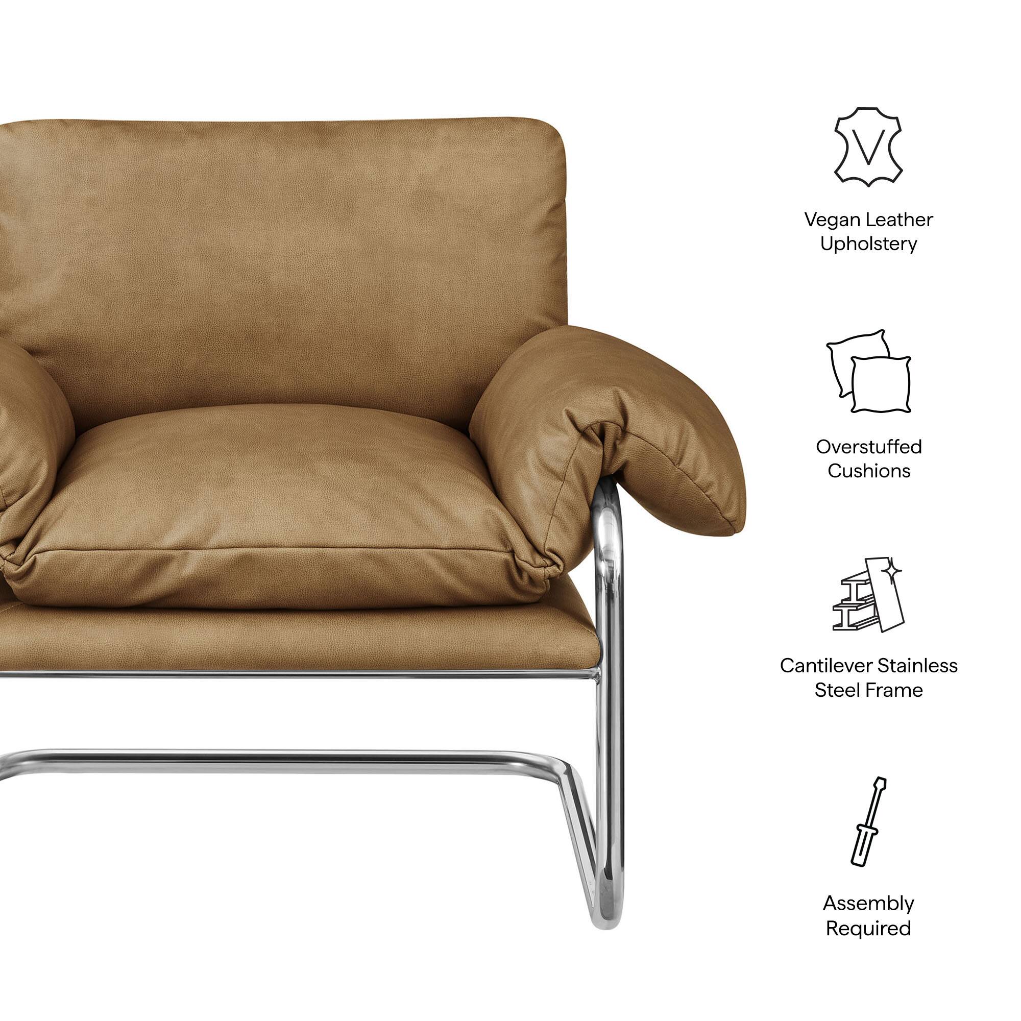 Vegan Leather Upholstery  
Overstuffed Cushions  
Cantilever Stainless Steel Frame  
Assembly Required