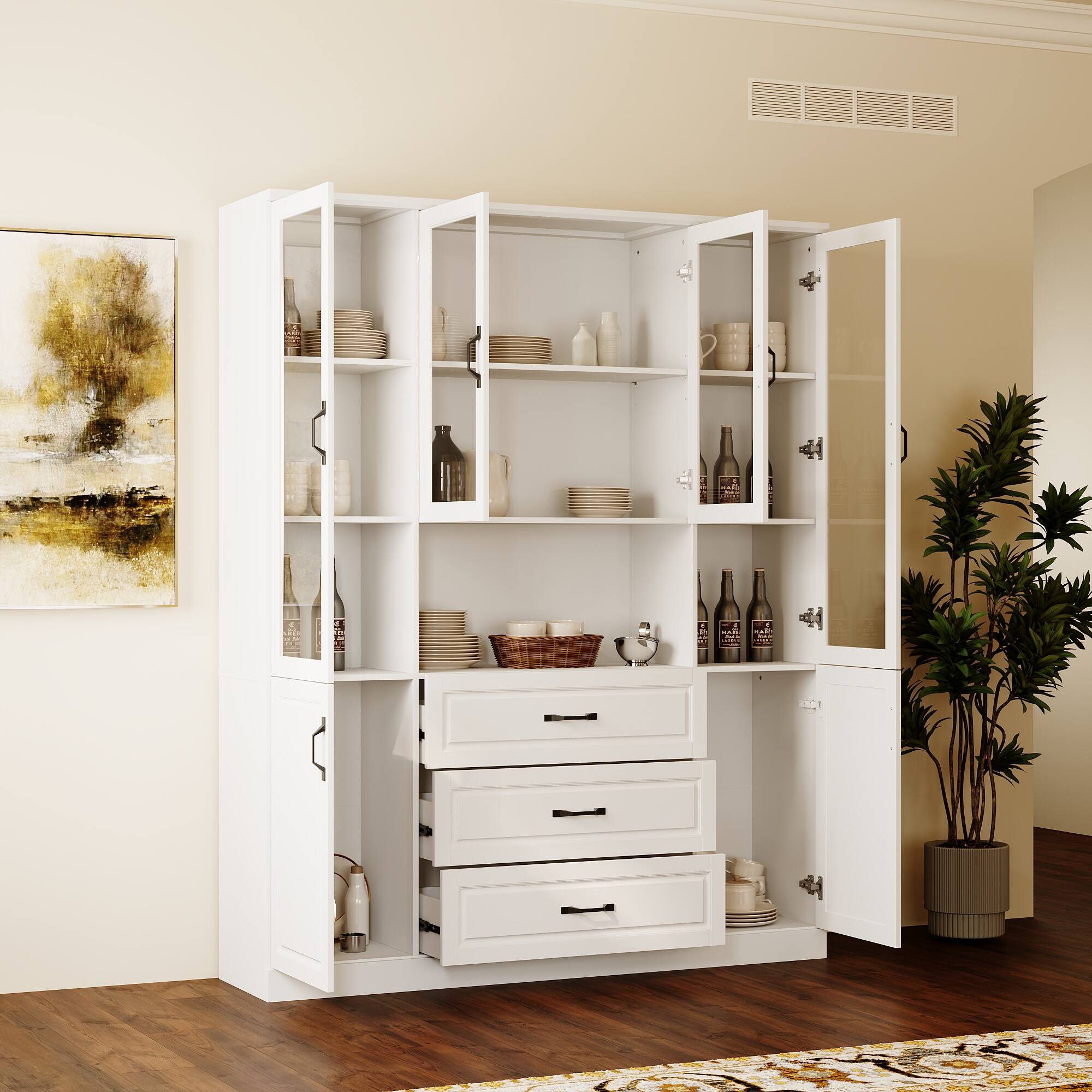 Alt View 5. FUFU & GAGA - FUFU&GAGA Tempered Glass-Door Kitchen Pantry: Modular Storage with Hidden Drawers & Open Shelving - White.