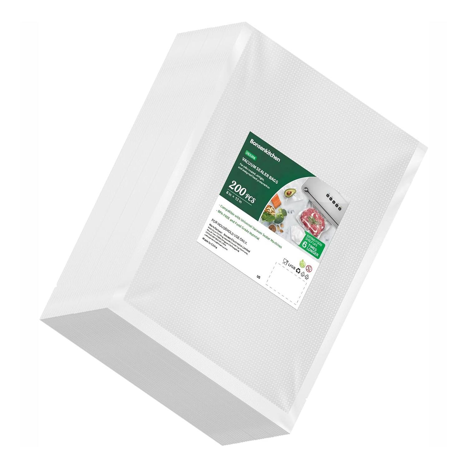 Bonsenkitchen - Vacuum Sealer Bags 200 Quart 8" x 12" - Clear