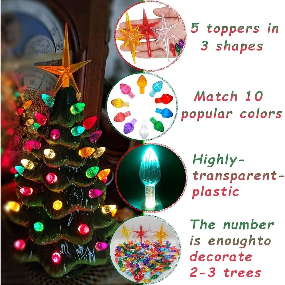 5 toppers in 3 shapes  
Match 10 popular colors  
Highly-transparent plastic  
The number is enough to decorate 2-3 trees