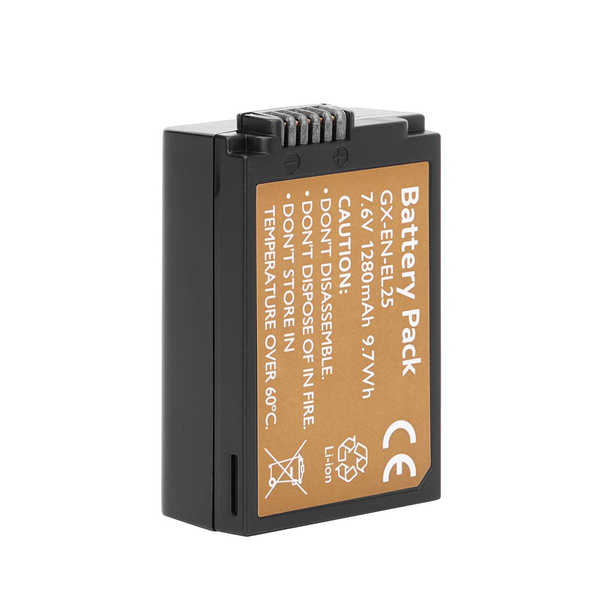 - DON'T STORE IN TEMPERATURE OVER 60°C.
- DON'T DISPOSE OF IN FIRE.
- DON'T DISASSEMBLE.
- CAUTION: Li-ion 7.6V 1280mAh GX-EN-EL25 Battery Pack 9.7Wh
- CE