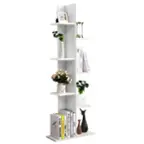 The image features a white bookshelf filled with various items. There are multiple books of different sizes placed on the shelves, as well as several vases of varying sizes and shapes. Additionally, there are two potted plants, one on the left side and the other on the right side of the bookshelf. A cat figurine can also be seen on the right side of the bookshelf. The arrangement of these items creates an organized and visually appealing display.