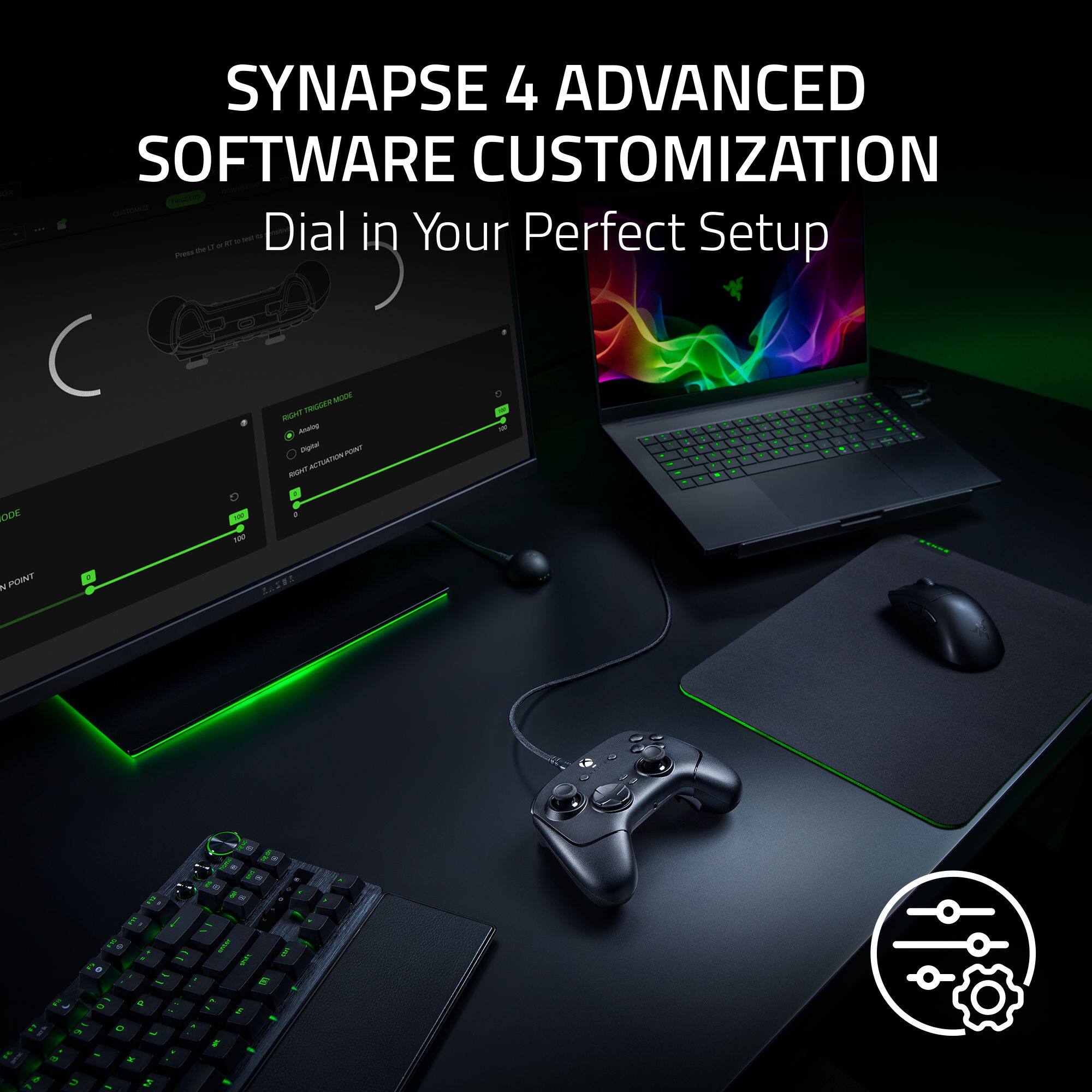 SYNAPSE 4 ADVANCED SOFTWARE CUSTOMIZATION  
Dial in Your Perfect Setup  

Press the  
MODE RIGHT TRIGGER  
Analog Digital  
RIGHT ACTIVATION POINT  

17  
ODE N POINT  
100  

C 6  
6 U  
1 0 I'M A - - 0 - - O P O . 7 . x - W  
or 7% 2 - -  

SPORT B &