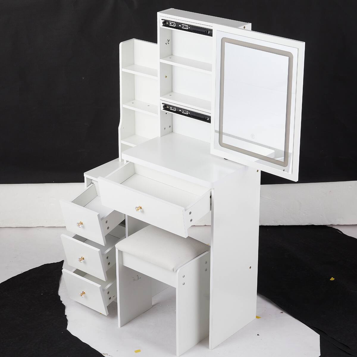 Left. Loheer - Loheer Small Makeup Vanity with LED Mirror, White, 29.2 Inch, Padded Stool - White.