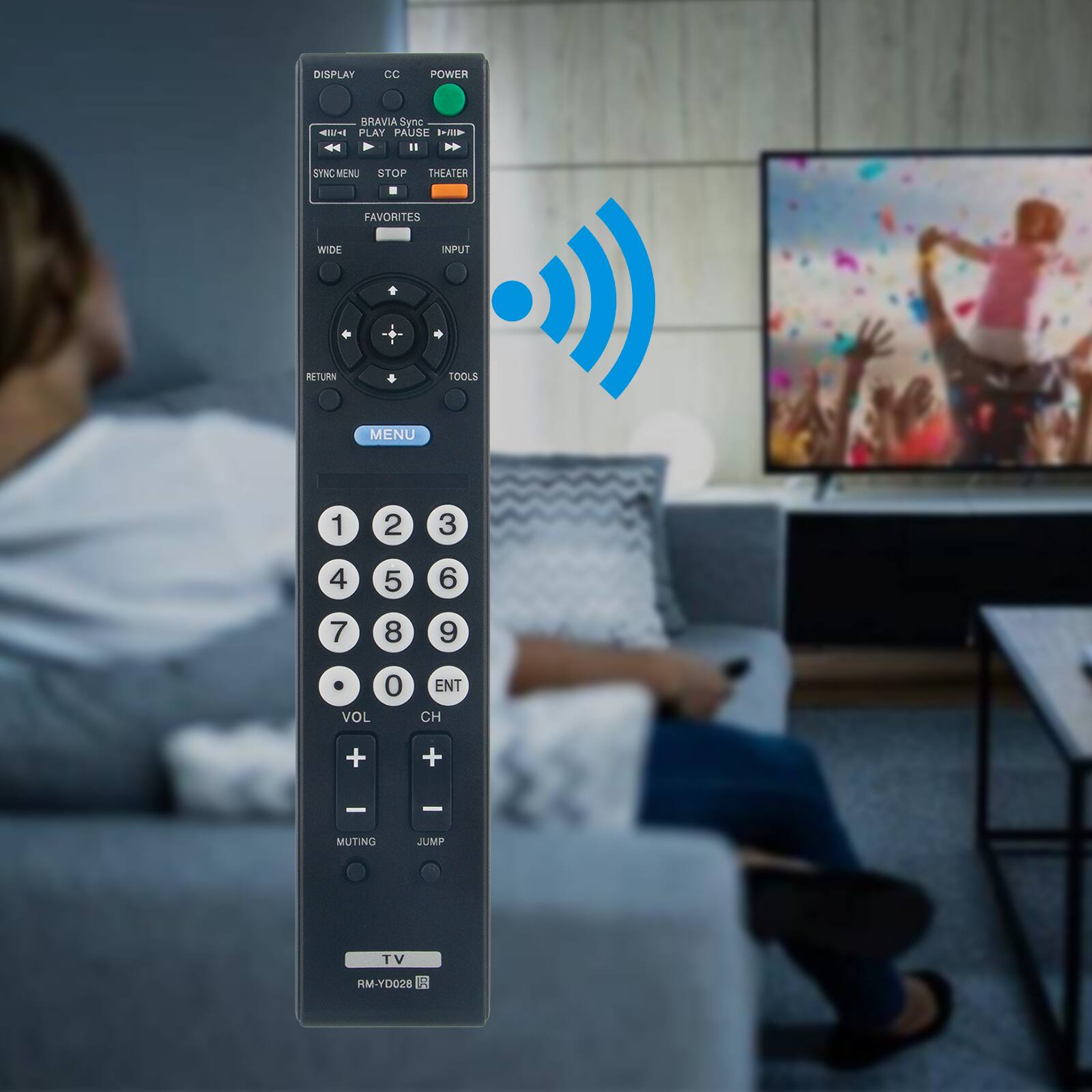 DISPLAY CC POWER BRAVIA Sync PLAY PAUSE ID " SYNGMENU STOP THEATER FAVORITES WIDE INPUT - RETURN TOOLS MENU 1 2 3 4 5 6 7 8 9 VOL 0 ENT CH + + - - MUTING JUMP TV RM-YD028
