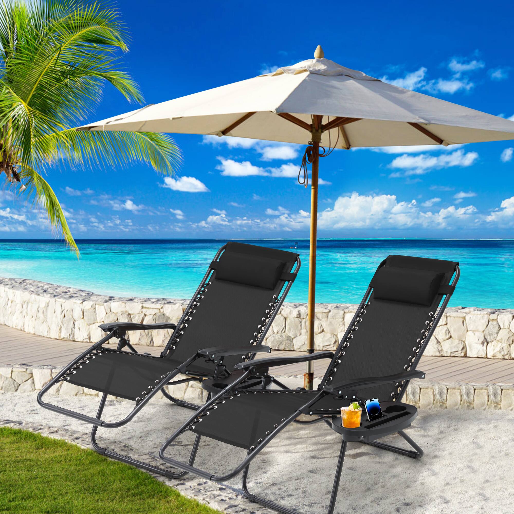 Left. U-HOMY - Zero Gravity Reclining Lounge Chair Set of 2 Outdoor Folding Recliners with Cup Holder and Weather Resistant Fabric - Black.