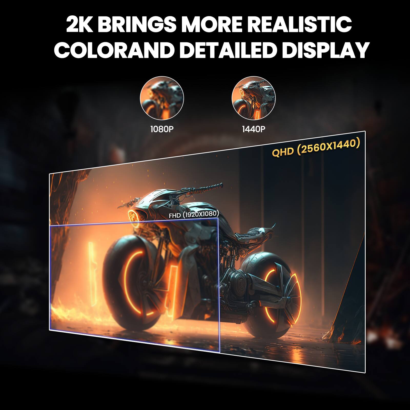 2K BRINGS MORE REALISTIC COLOR AND DETAILED DISPLAY

1080P

1440P QHD (2560X1440)

FHD (1920X1080)
