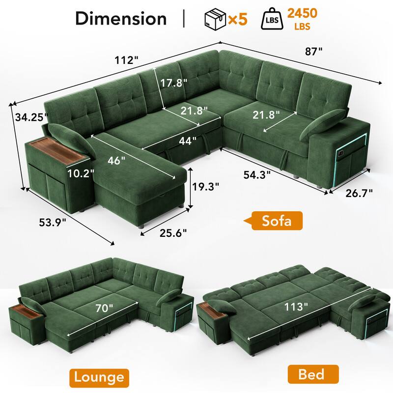 Dimension | x5 2450 LBS  
112" 87" 17.8" 34.25" 21.8" 21.8" 44" 10.2" 46" 19.3" 54.3" 26.7" 53.9" 25.6"  
Sofa 70" 113"  
Lounge Bed