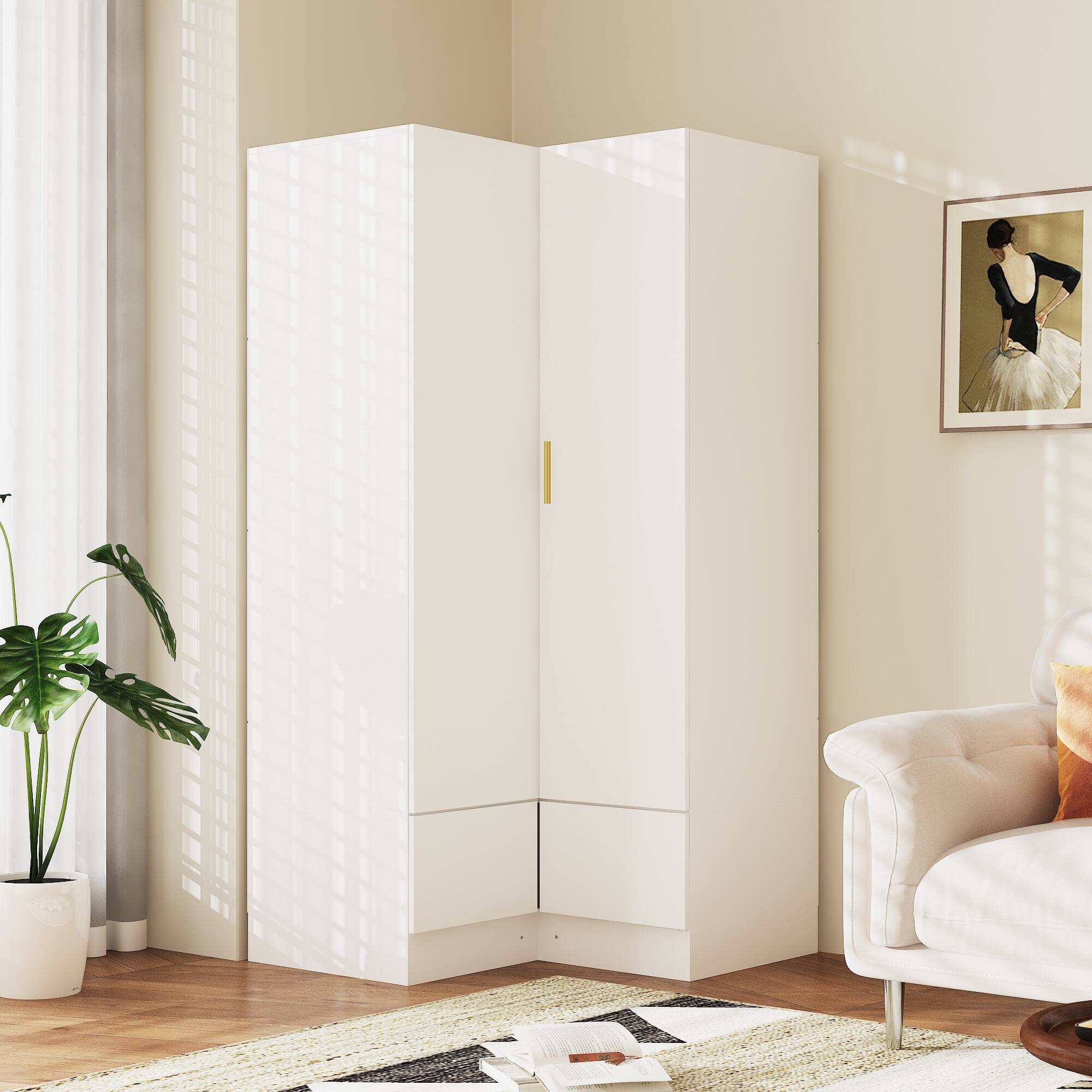 Front. FUFU&GAGA - L Shaped Corner Wardrobe Closet Armoire with Hanging Rod Shelves and Drawers Space Saving Bedroom Storage Organizer - White.