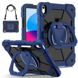 Dteck - Case for Apple iPad 11"(A16 chip 2025) and iPad 10.9" (10th Gen), 3-Layer Rugged Kickstand Handle Grip Cover+Strap - Navyblue Black