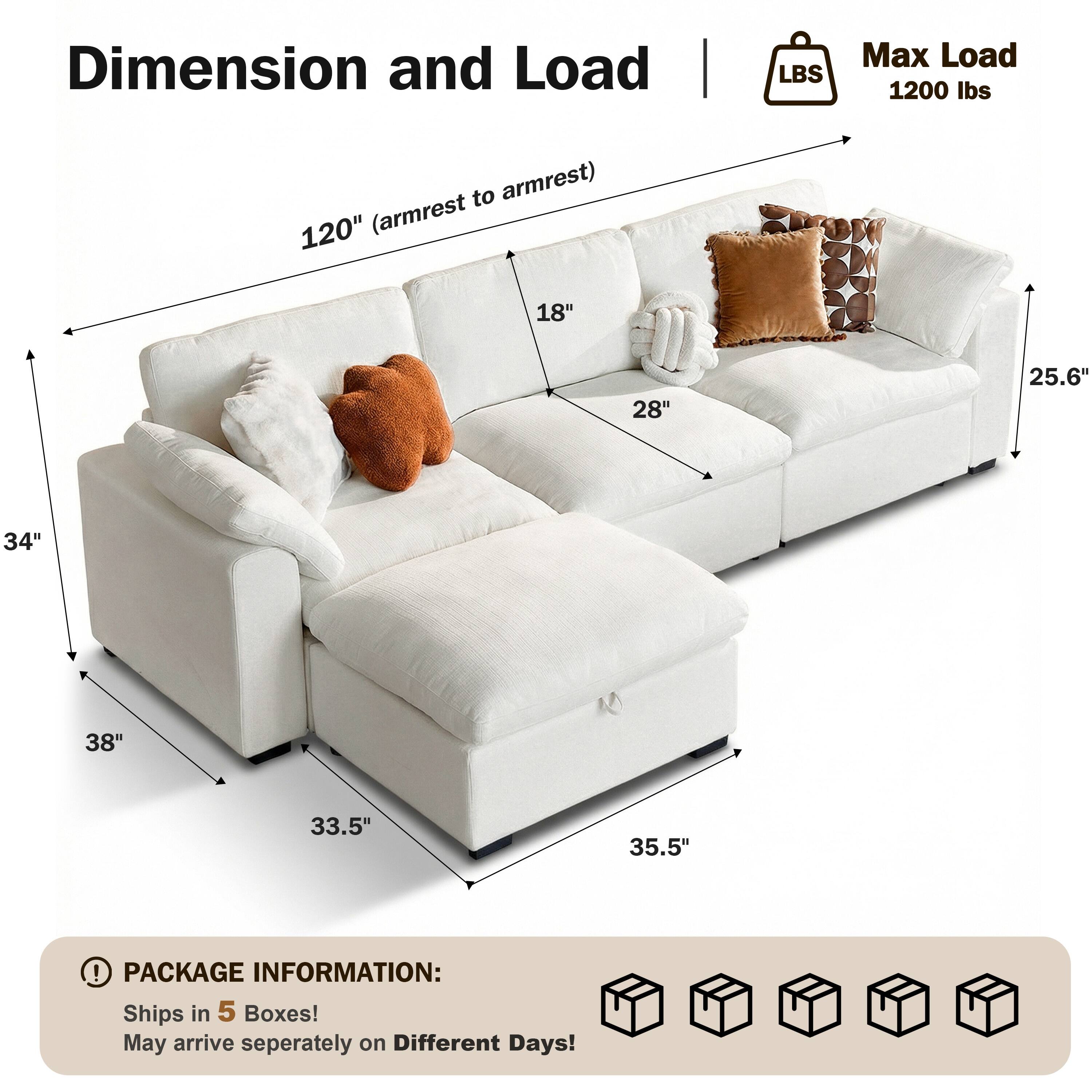 Dimension and Load  
Max Load: 1200 lbs  

Dimensions:  
- 120" (armrest to armrest)  
- 38"  
- 34"  
- 33.5"  
- 35.5"  
- 28"  
- 18"  
- 25.6"  

PACKAGE INFORMATION:  
Ships in 5 Boxes!  
May arrive separately on Different Days!