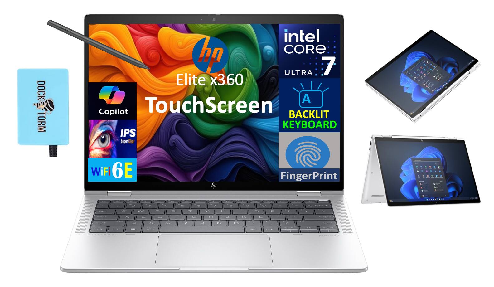 DOCK TORM  
intel CORE i7 ULTRA 7  
Elite x360  
TouchScreen  
BACKLIT KEYBOARD  
IPS Super Clear  
WiFi 6E  
FingerPrint  
Copilot  
DOCK TORM