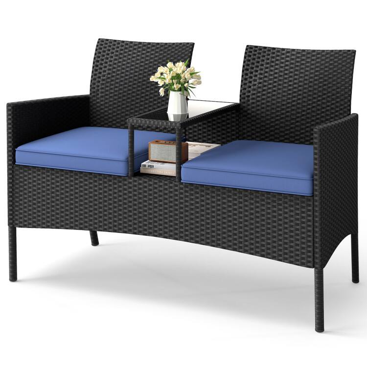 Back. Mondawe - Patio Loveseat with Built-in Table - Black+Navy.