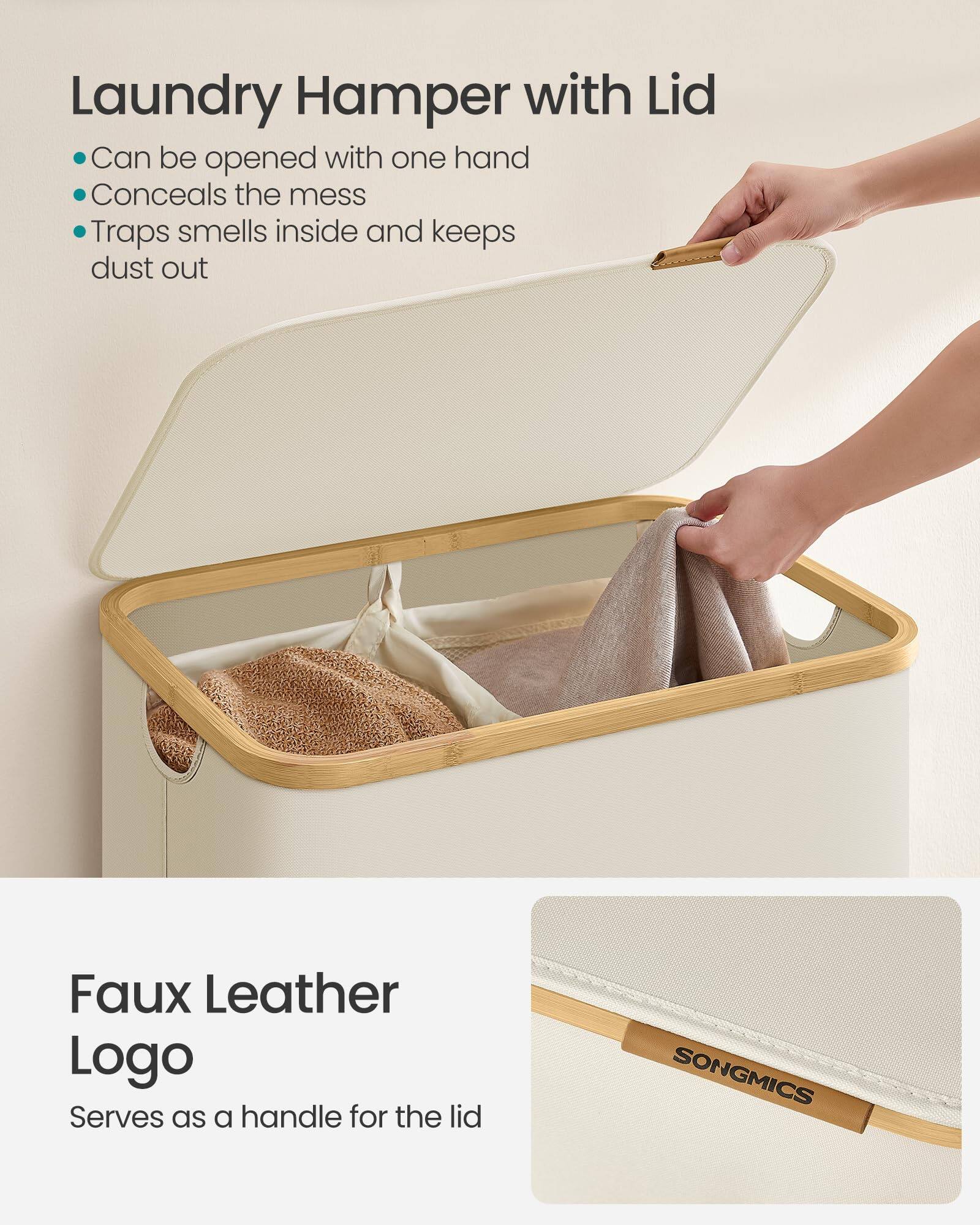 Laundry Hamper with Lid

- Can be opened with one hand
- Conceals the mess
- Traps smells inside and keeps dust out

Faux Leather Logo

Serves as a handle for the lid