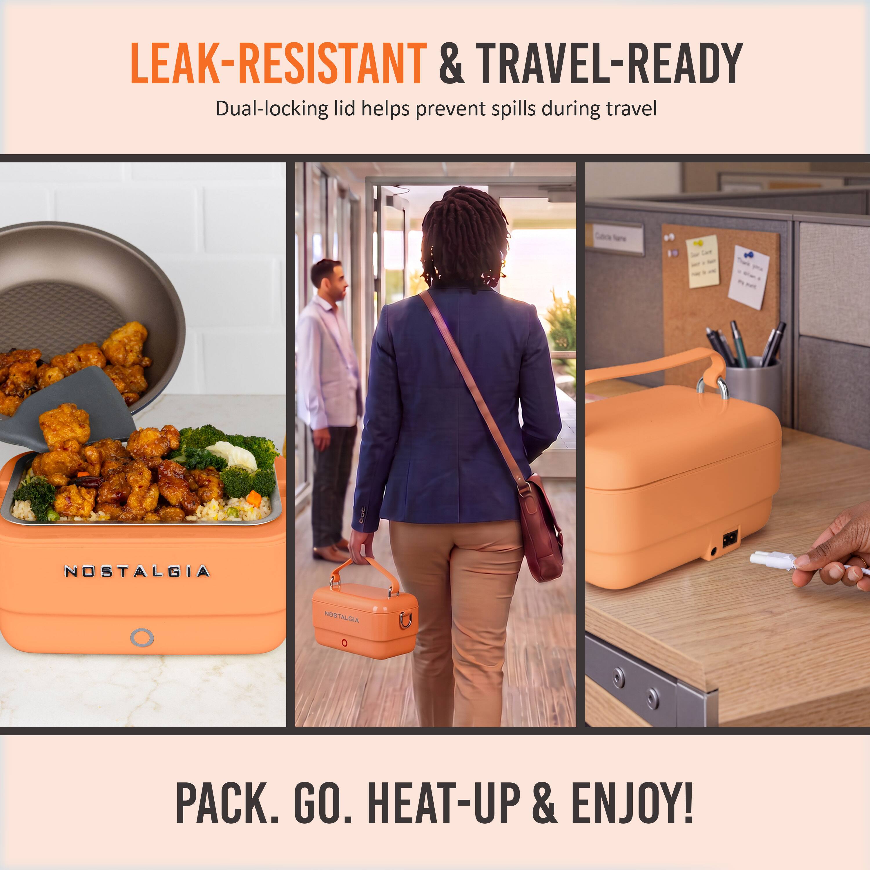 LEAK-RESISTANT & TRAVEL-READY  
Dual-locking lid helps prevent spills during travel  

NOSTALGIA  
NOSTALGIA  

PACK. GO. HEAT-UP & ENJOY!
