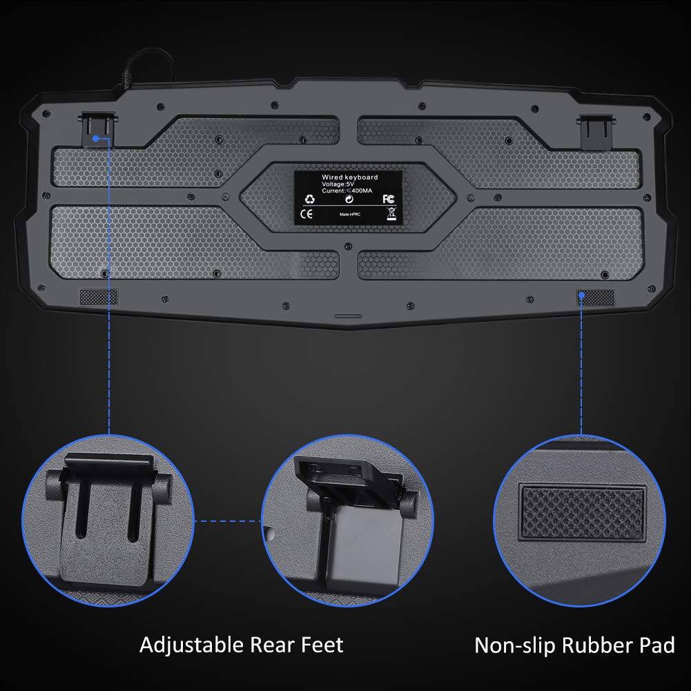 Wired Keyboard  
Voltage: 5V  
Current: 400mA  
FC CE  

Adjustable Rear Feet  
Non-slip Rubber Pad