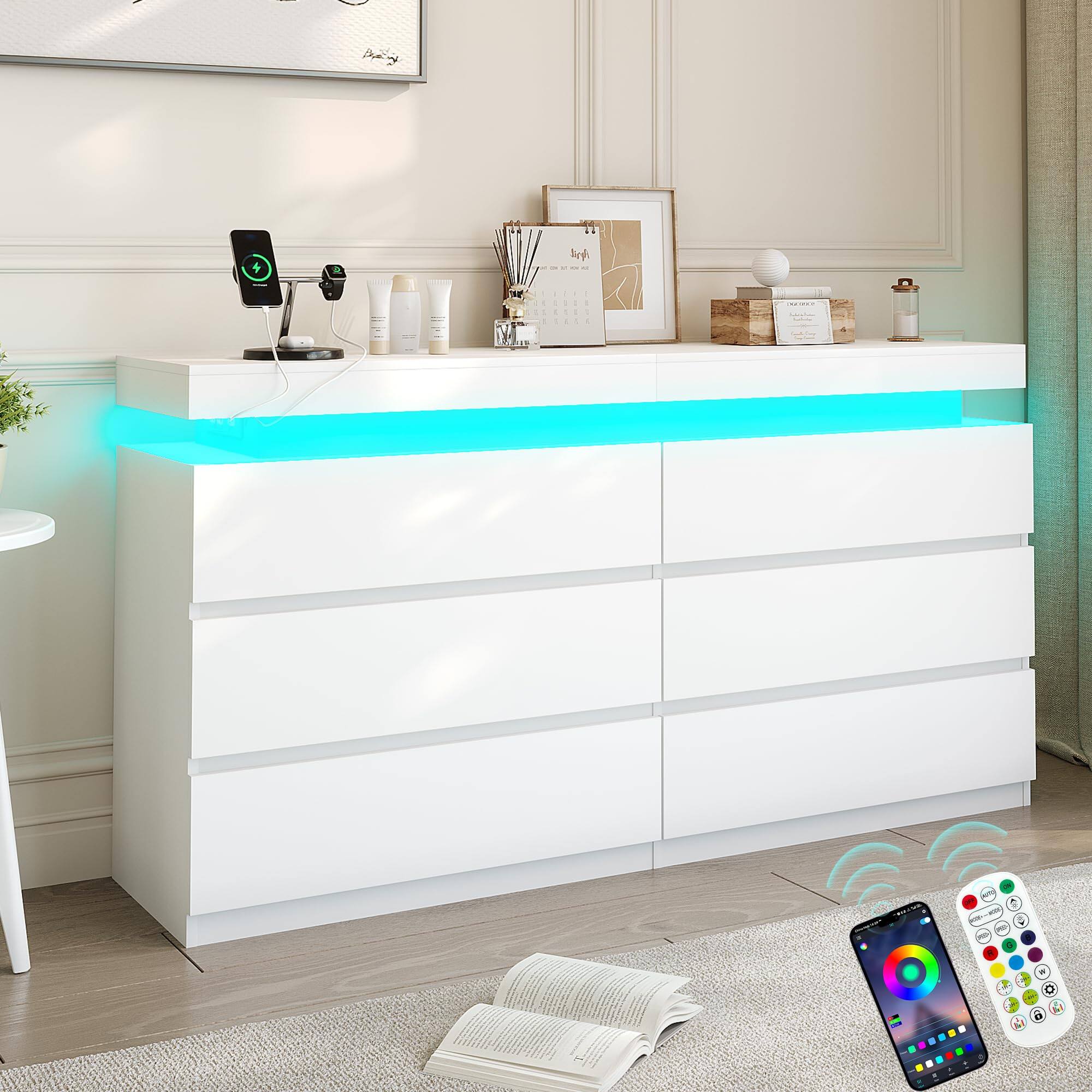 Back. Dyonery - Modern 6-Drawer Dresser with Sliding Desktop & Power Outlet -  Storage Cabinet with LED Lights - White.