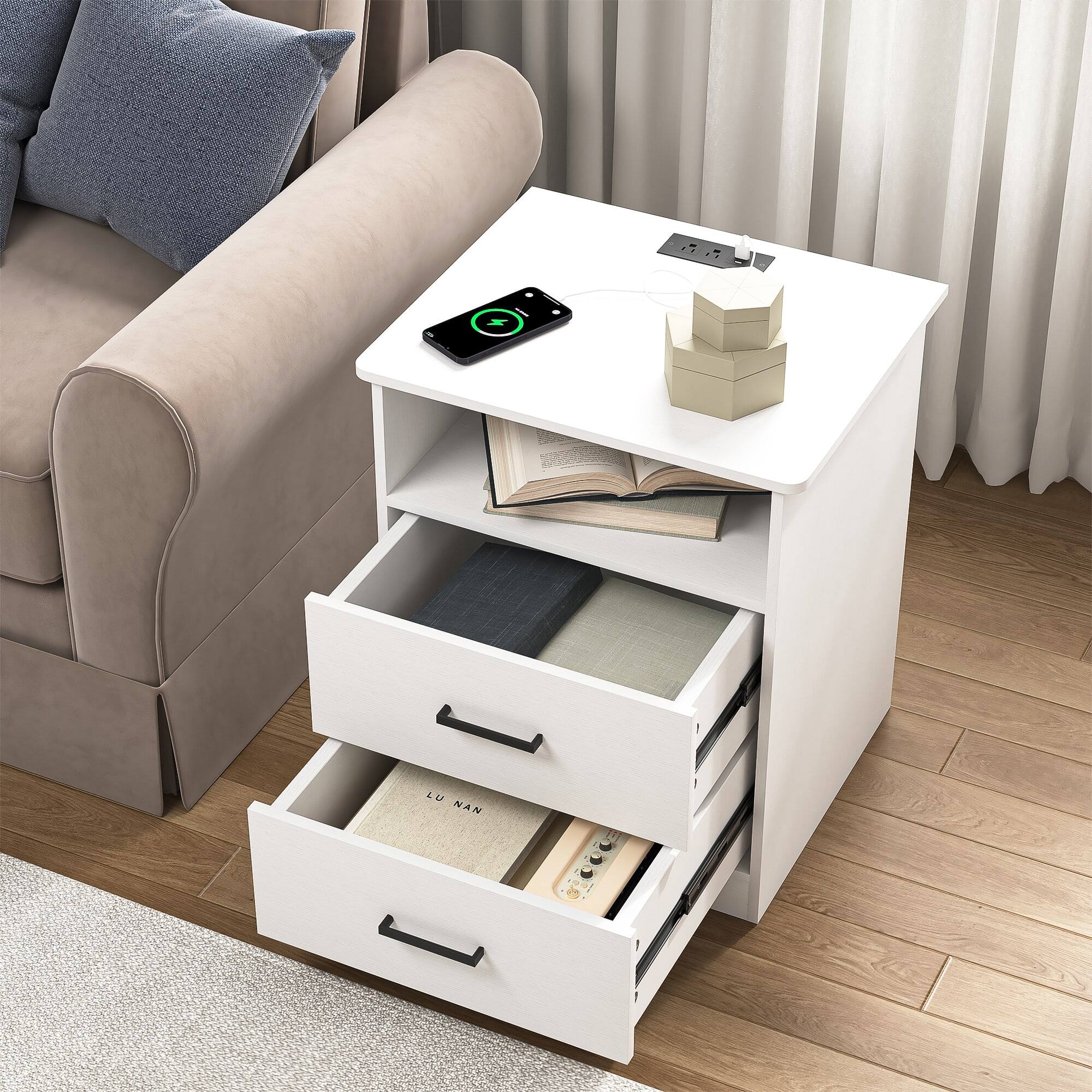 Angle. Kadyn - Wood Nightstand With Charging Station, Bedside Table With 2 Drawers, Bedroom Nightstand - White.