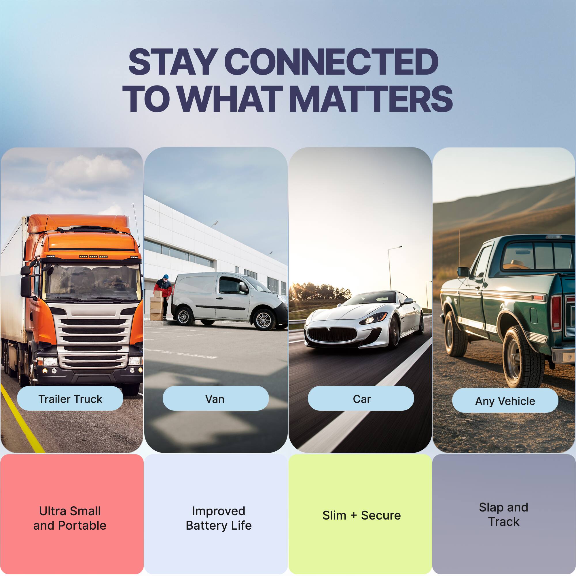 STAY CONNECTED TO WHAT MATTERS

- Trailer Truck
- Van
- Car
- Any Vehicle

- Ultra Small and Portable
- Improved Battery Life
- Slim + Secure
- Slap and Track