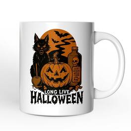 OrnamentallyYou - Long Live Halloween Mug, Retro Black Cat Pumpkin Gift - White