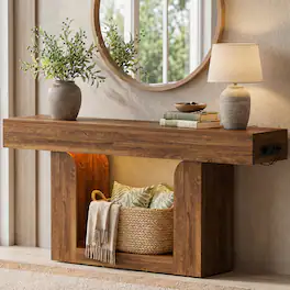 Aheaplus - 63" Farmhouse Console Table - LED Lights & Charging Station, Narrow Sofa Table for Entryway, Living Room & Hallway - Black and Rustic